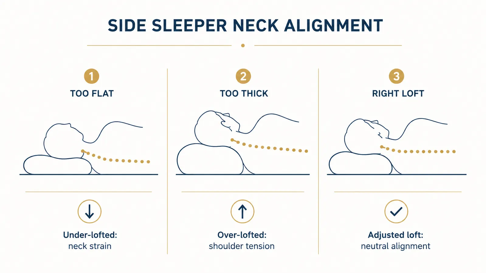 Diagram showing cervical spine alignment differences between a too-flat pillow, a too-thick pillow, and a correctly adjusted pillow for a side sleeper