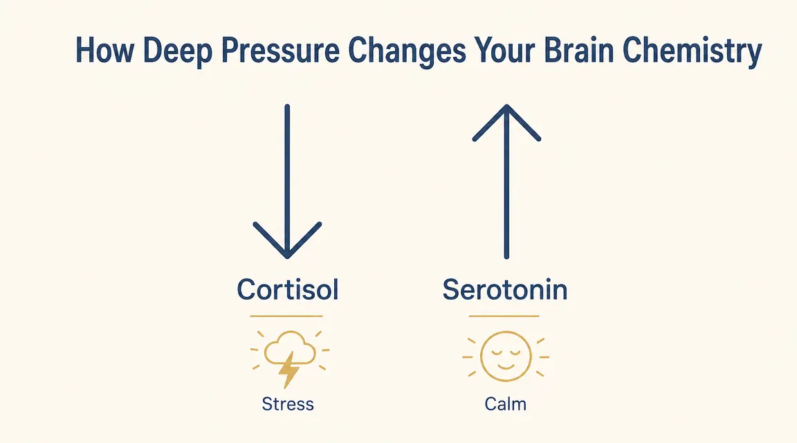 Diagram showing the nervous system calming effect of deep pressure stimulation, with arrows indicating cortisol down and serotonin up