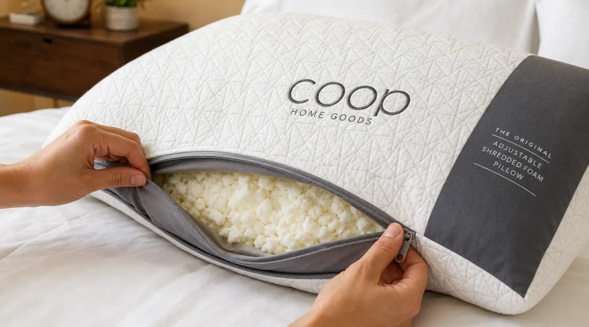 Hands pulling open the inner zipper of the Coop Crescent pillow, showing compressed shredded foam inside after months of use