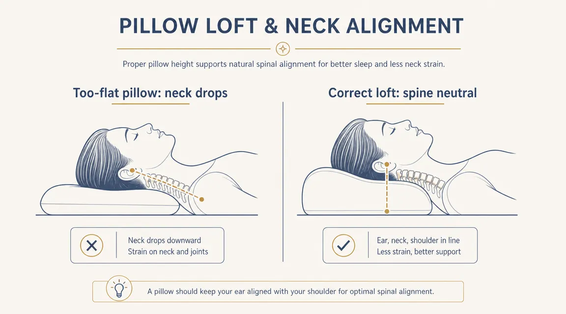 Diagram showing cervical spine alignment difference between a too-flat pillow and a properly lofted side sleeper pillow