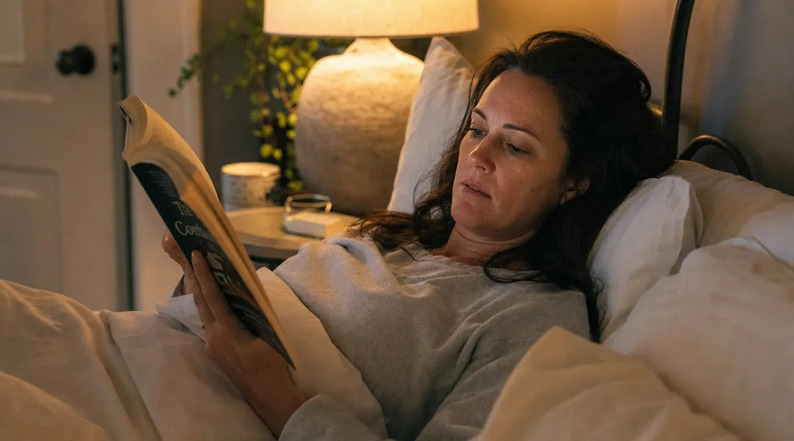 Woman reading in bed in the evening, pillow propped behind her head at a comfortable side-sleeping angle, warm bedside lamp light