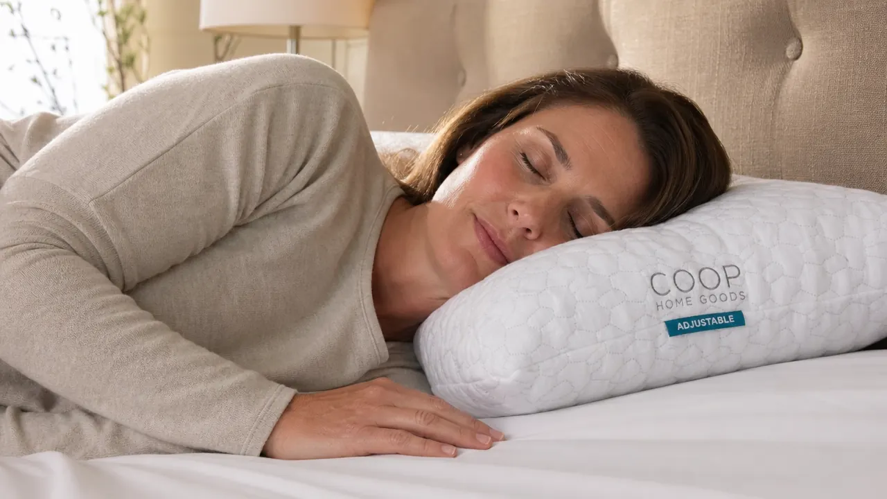 Woman sleeping on her side on the Coop Home Goods Crescent pillow, neck in neutral alignment