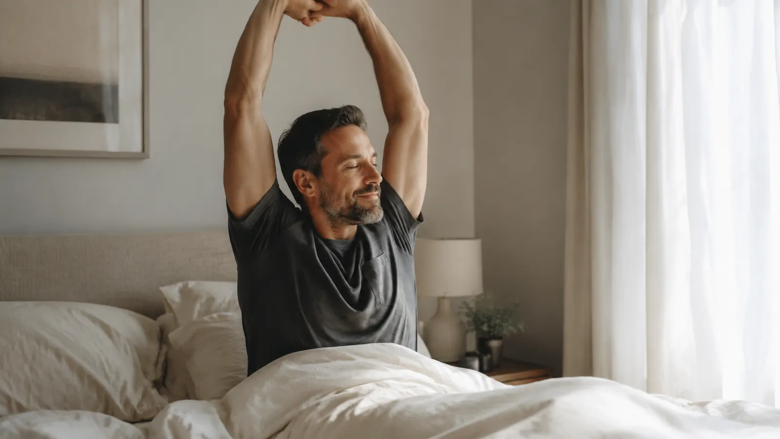 Person waking up in the morning looking rested, stretching beside a pillow on a calm bedroom bed
