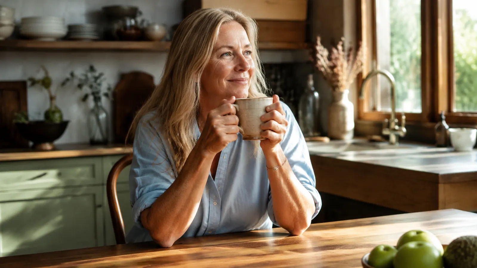 Woman sitting at a kitchen table with a mug of coffee, calm morning light, relaxed expression