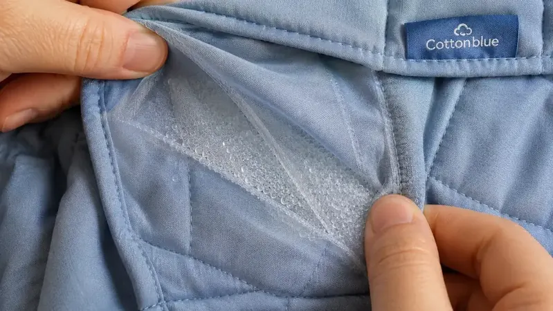 Close-up of a weighted blanket's grid-stitched bead pockets with glass beads visible through the fabric, showing the interior construction