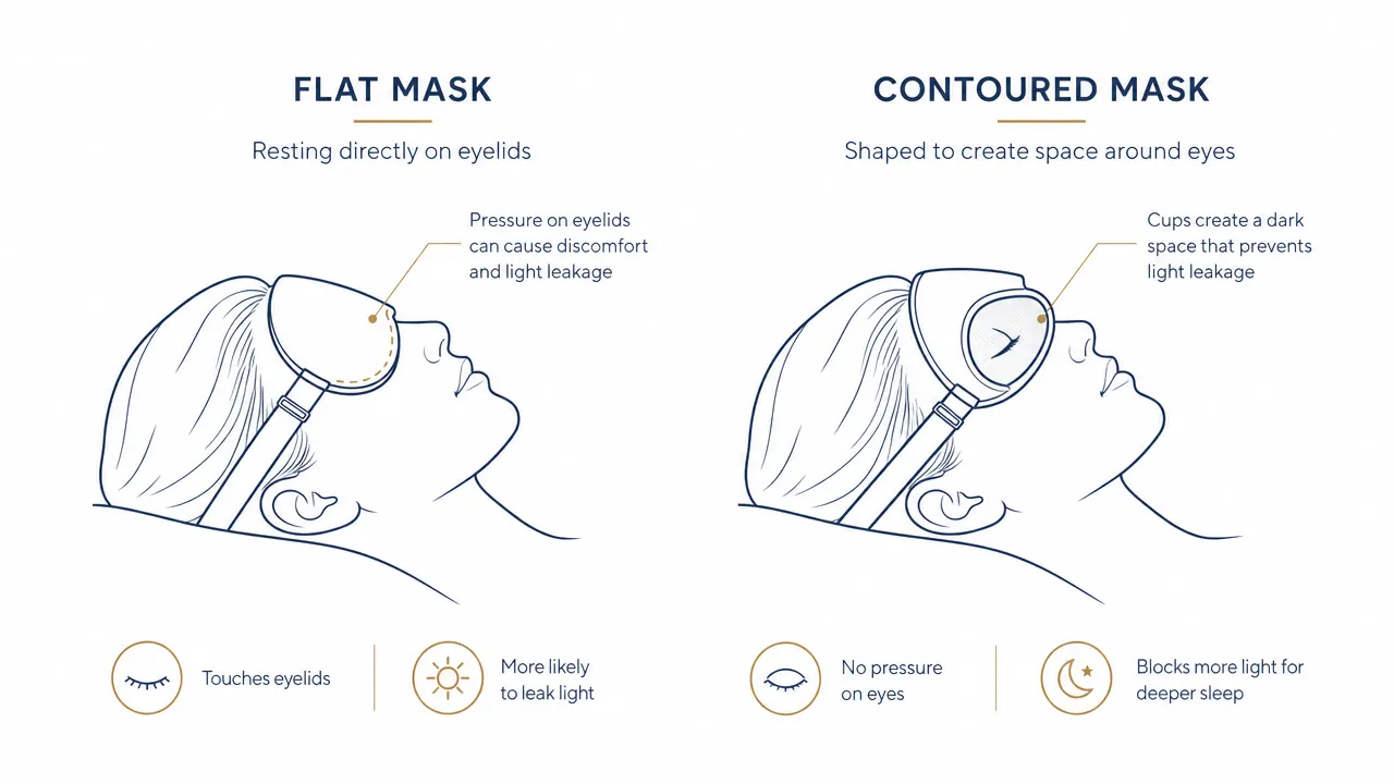 Diagram showing the difference between a flat sleep mask pressing on eyelids versus a contoured cup hovering above the eye