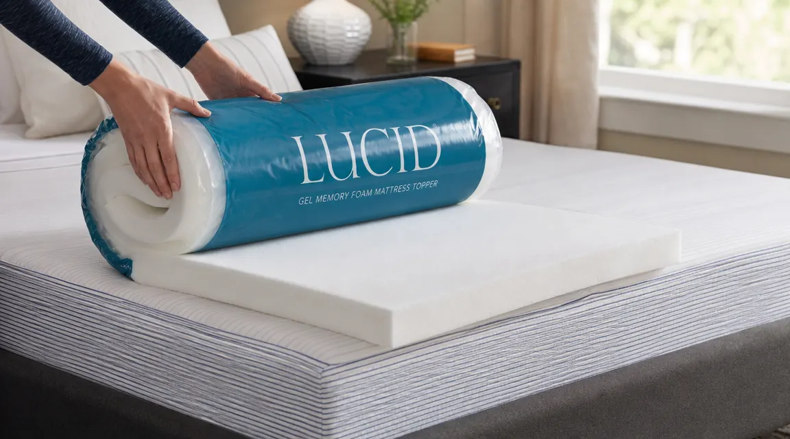 Hands unrolling a thick white gel memory foam mattress topper onto a mattress