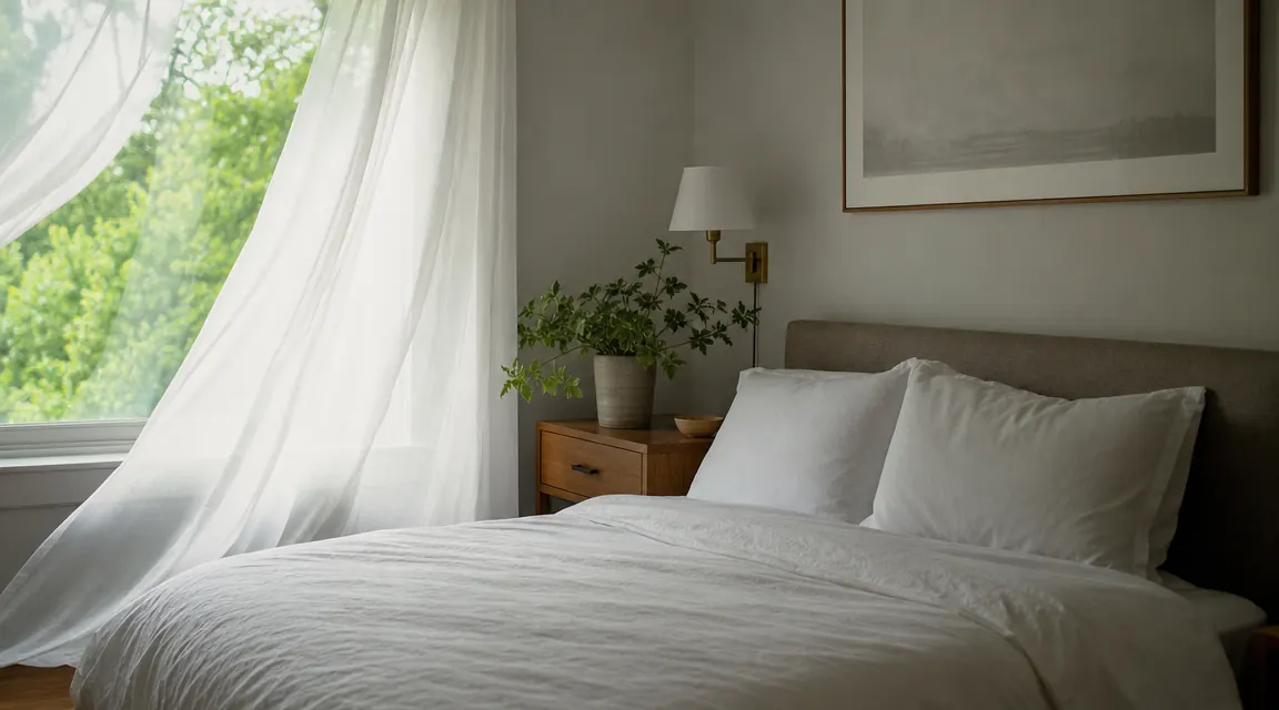Bed fully made with a fitted sheet over a mattress topper, window open, light breeze curtains