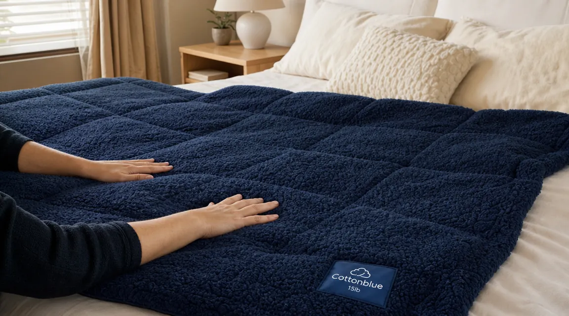 Cottonblue 15lb weighted blanket spread flat on a bed showing the plush sherpa texture