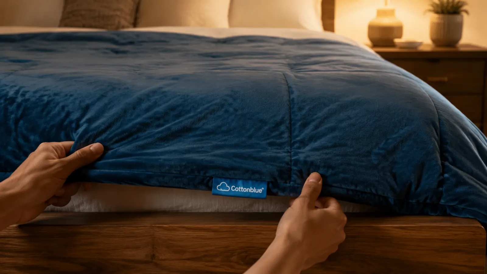 Person tucking a weighted blanket under their feet at the end of the bed for full coverage