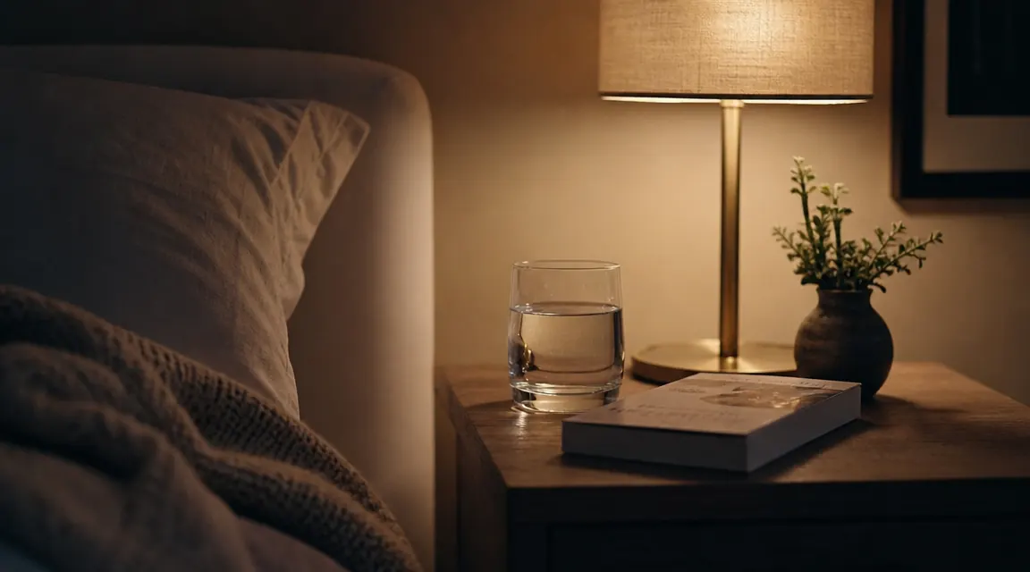 Nightstand with a glass of water, dimmed lamp, and folded weighted blanket nearby as part of a bedtime routine