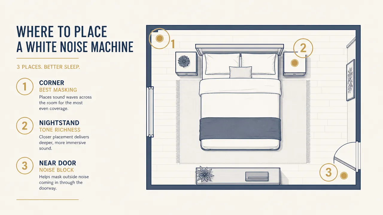 Diagram showing the ideal placement triangle for a white noise machine in a bedroom: corner of the room, nightstand, and doorway positions labeled