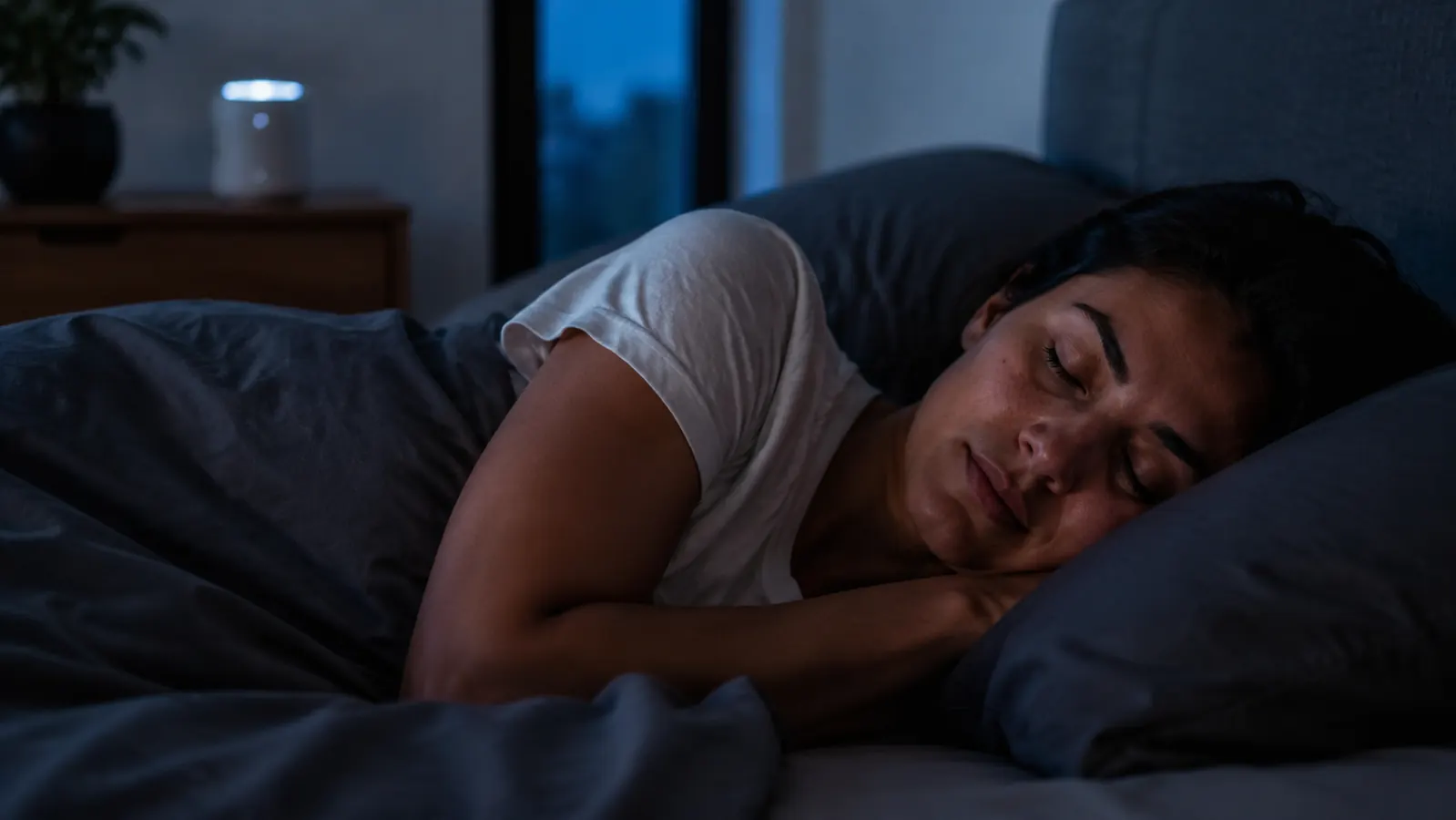 Person sleeping peacefully in a dark bedroom, white noise machine glowing softly on the dresser