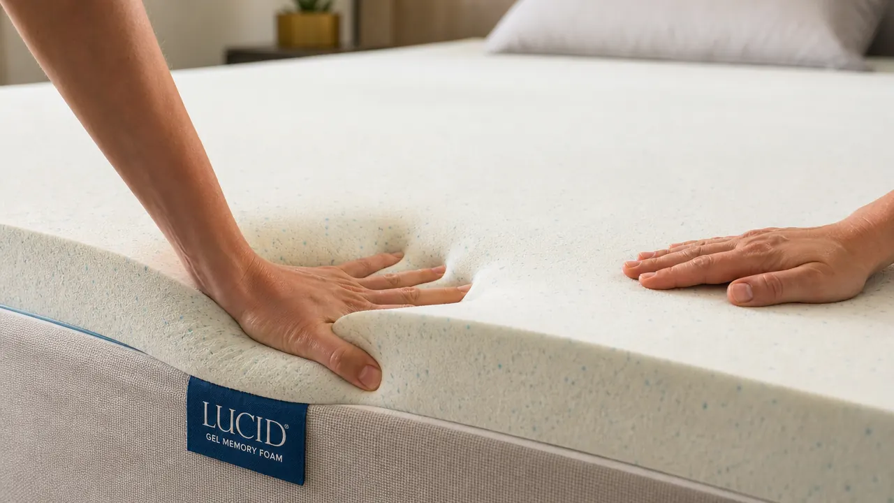 Hand pushing into the edge of a memory foam mattress topper showing deep compression at the perimeter compared to the center