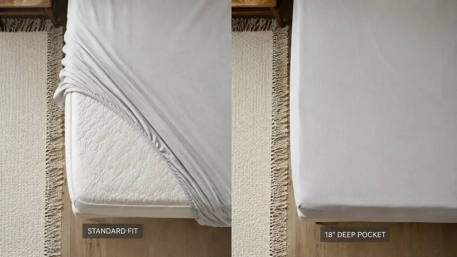 Two fitted sheets side by side showing a standard-depth sheet stretched too tight versus a deep-pocket sheet fitting properly over a mattress topper