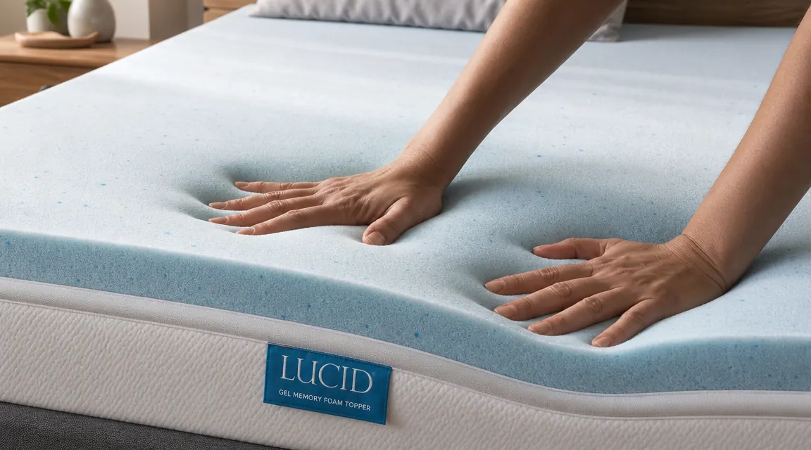 Hands pressing into the surface of a gel memory foam mattress topper showing the slow-recovery indent