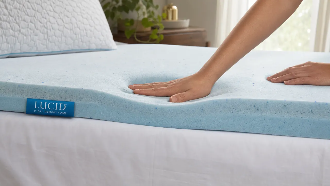 Hand pressing into the surface of a gel-infused memory foam mattress topper to show pressure response