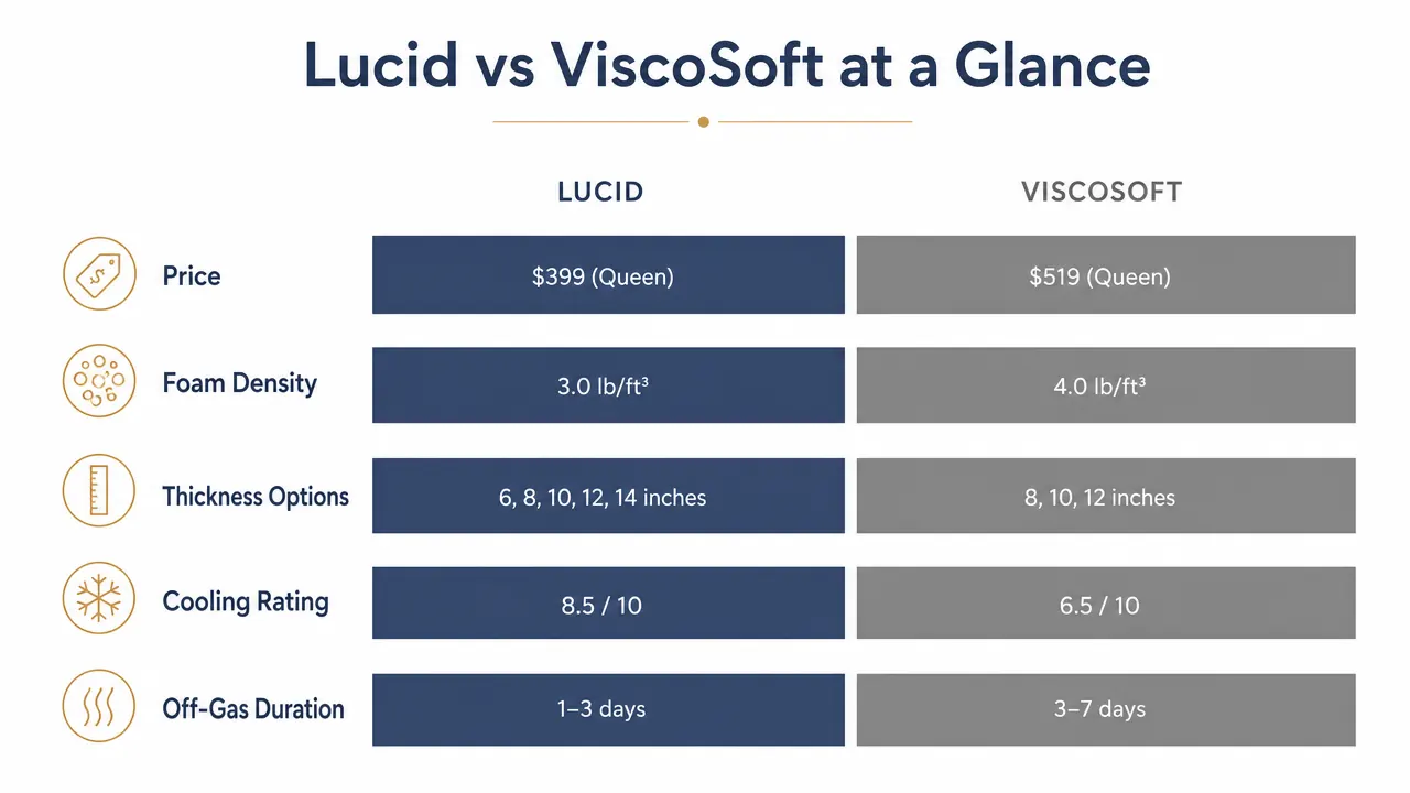 Bar chart comparing Lucid and ViscoSoft mattress toppers across five key specs: price, density, thickness, cooling rating, and off-gas time