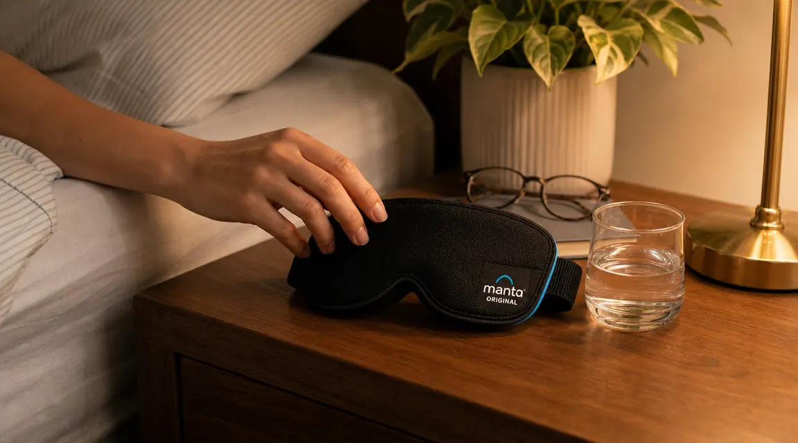 Close-up of the Manta Original Sleep Mask resting on a bedside table next to a glass of water