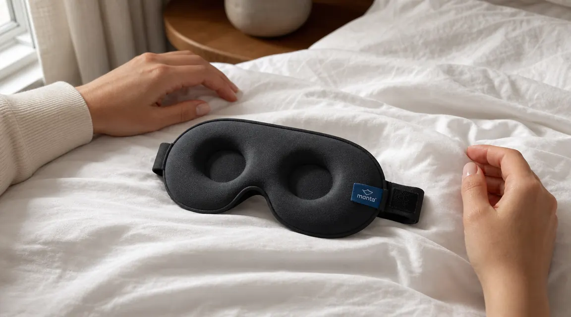 Manta Original sleep mask showing the adjustable eye cups and strap laid flat on a white cotton surface