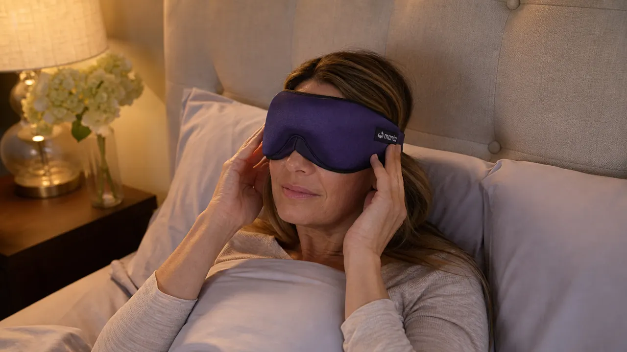 Woman pressing the Manta sleep mask onto her face with both hands, adjusting the position before sleep