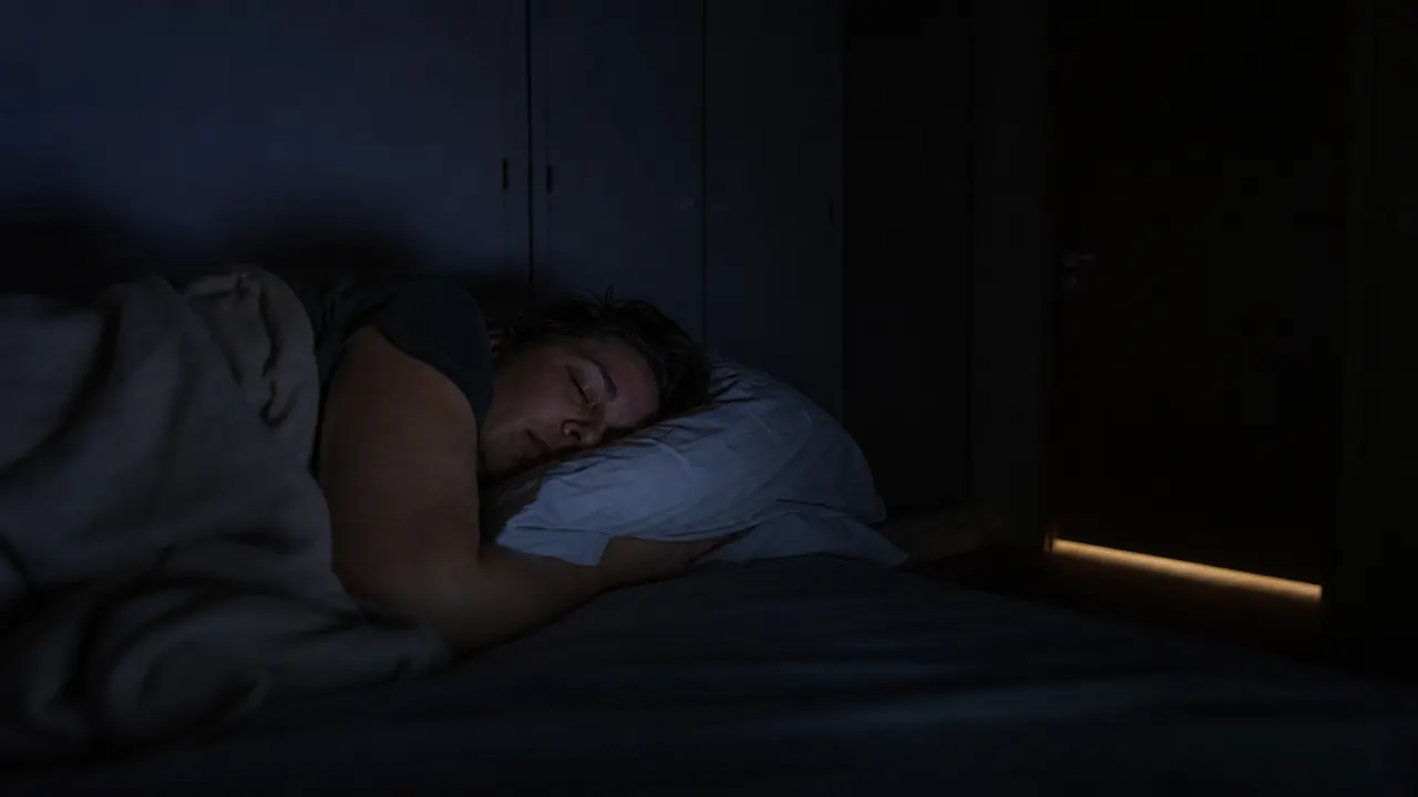 Person sleeping on their side wearing a structured sleep mask, bedroom completely dark except for faint light under the door