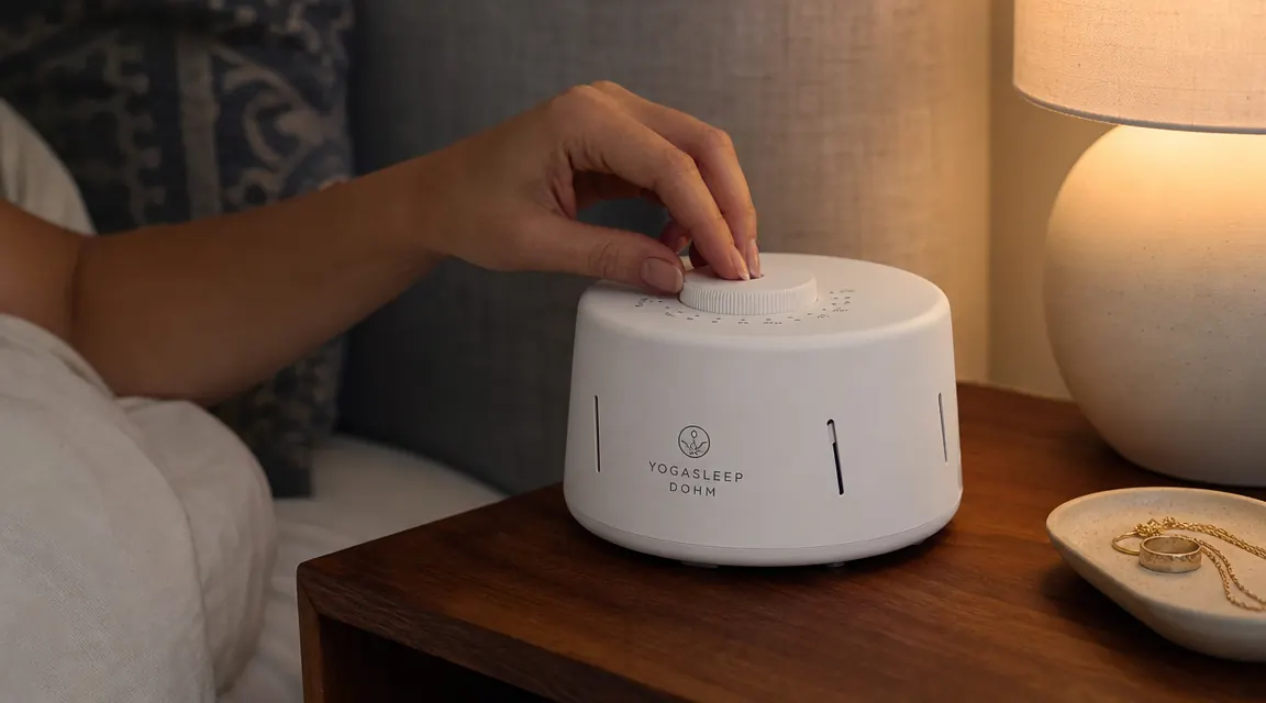 Hand adjusting the tone dial on top of the Yogasleep Dohm Classic
