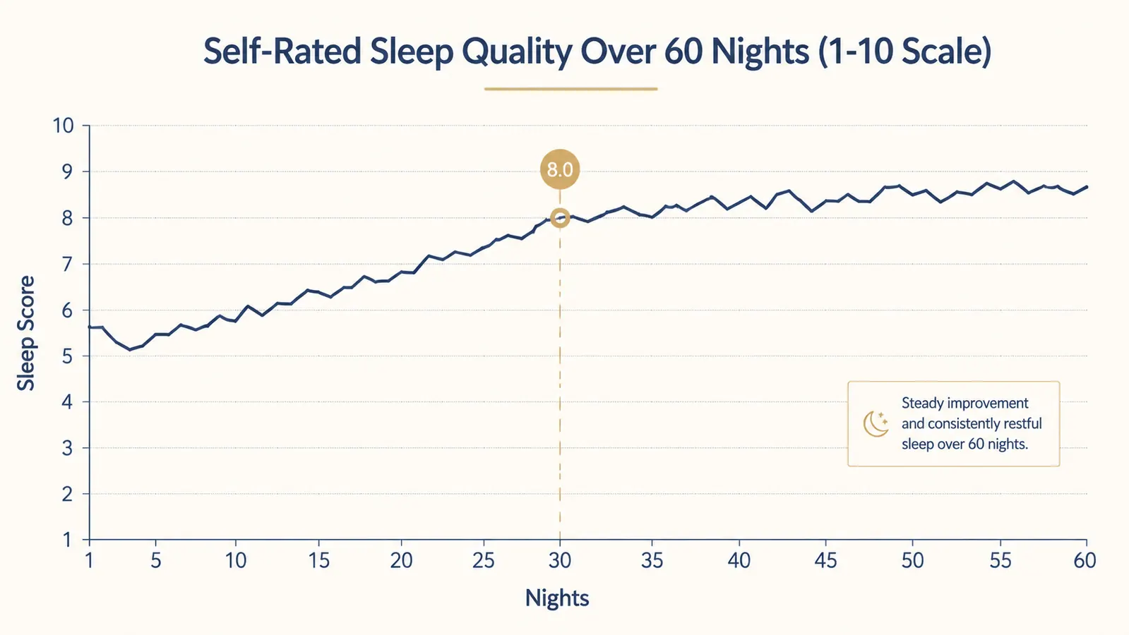 Chart showing sleep quality scores over a 60-night period while using the Dohm Classic white noise machine