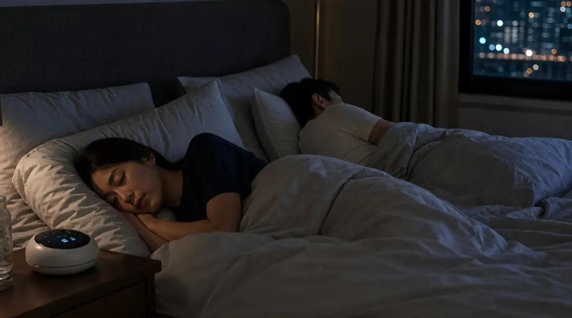 Couple sleeping peacefully in a darkened bedroom with a white noise machine visible on the nightstand