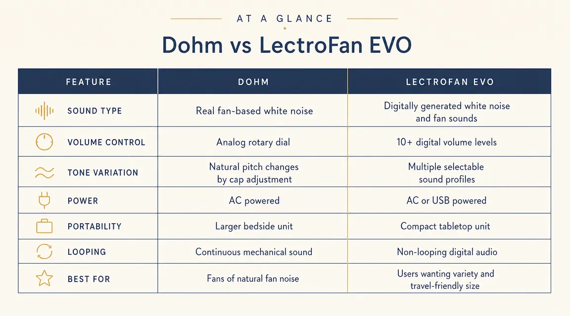 Side-by-side comparison chart of Yogasleep Dohm and LectroFan EVO showing volume range, sound type, and price